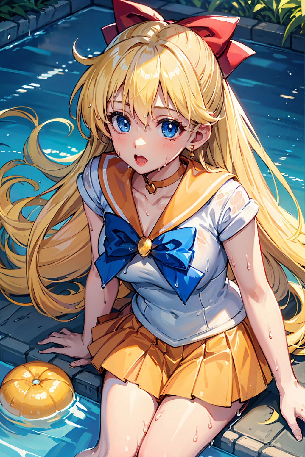 masterpiece, Highest quality, High resolution, Venus 1,(((Wet))) 1 Girl, alone, Sailor Warrior Uniforms, Sailor Venus, Minako Aino, Blonde, Magical girl, blue eyes, Orange Skirt, Elbow Bag, tiara, Pleated skirt, Hair Ribbon, Orange Sailor Collar, mini skirt, choker, Red Bow, オレンジchoker, White gloves, Very long hair, jewelry, Earrings, Please sit down