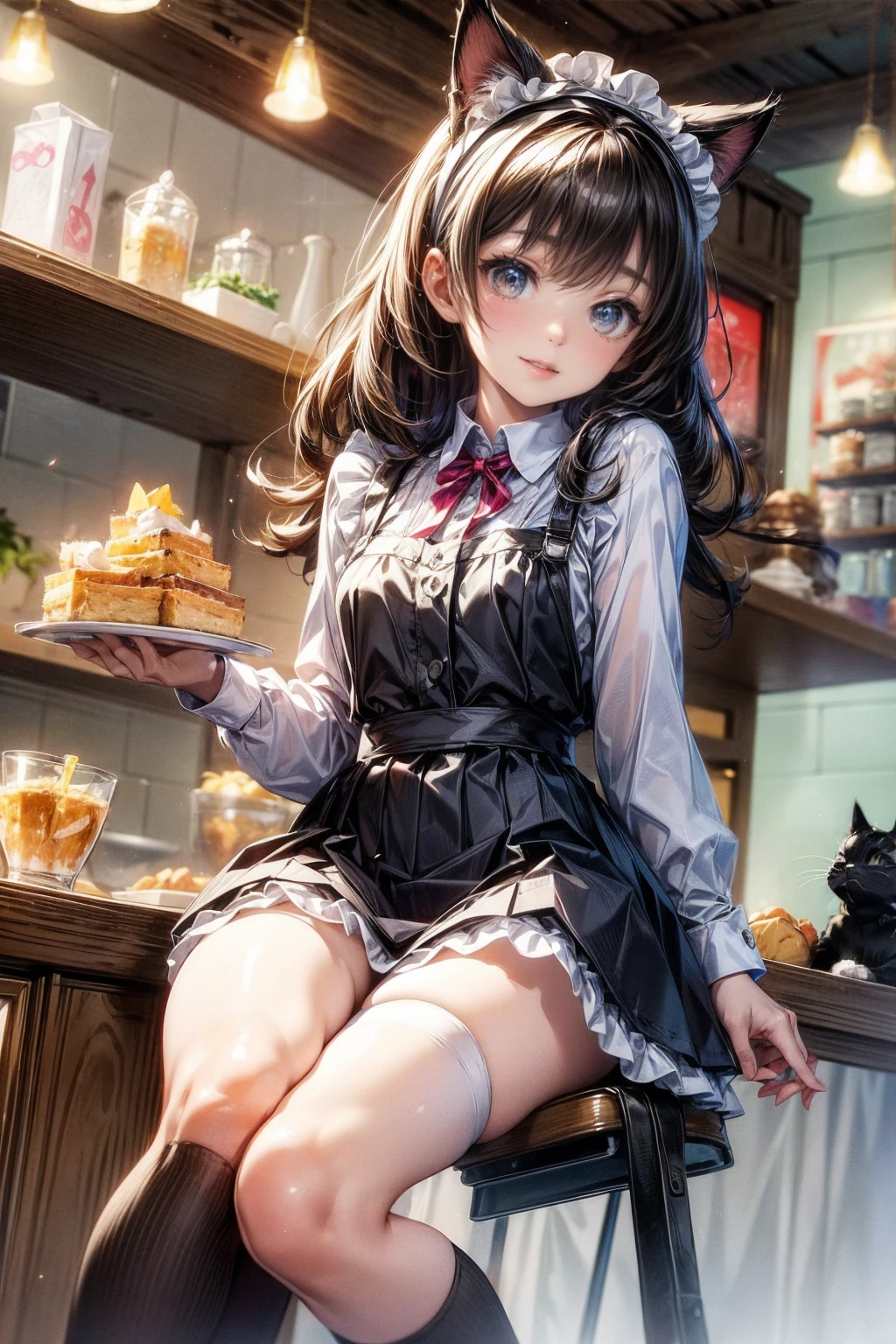 One Girl、(20-year-old woman)、Cat ears headband、Cat tail、Black maid outfit、Holding a tray with two parfaits on it in one hand、With the other hand, lift your skirt to show your underwear、Short skirt、I can see your pants、White knee-high socks、Striped pants、Highest quality、8K、Beautiful Face、Mischievous smile、Wink to the viewer、View Viewer、A bright cafe with a black cat