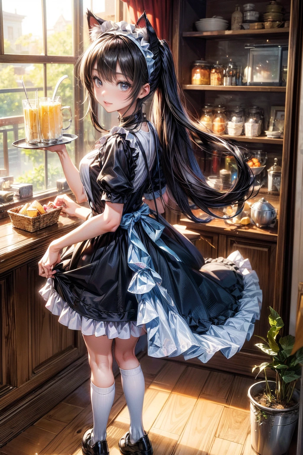 One Girl、(20-year-old woman)、Cat ears headband、Cat tail、Black maid outfit、Holding a tray with two parfaits on it in one hand、With the other hand, lift your skirt to show your underwear、Short skirt、I can see your pants、White knee-high socks、Striped pants、Highest quality、8K、Beautiful Face、Mischievous smile、Wink to the viewer、View Viewer、A bright cafe with a black cat