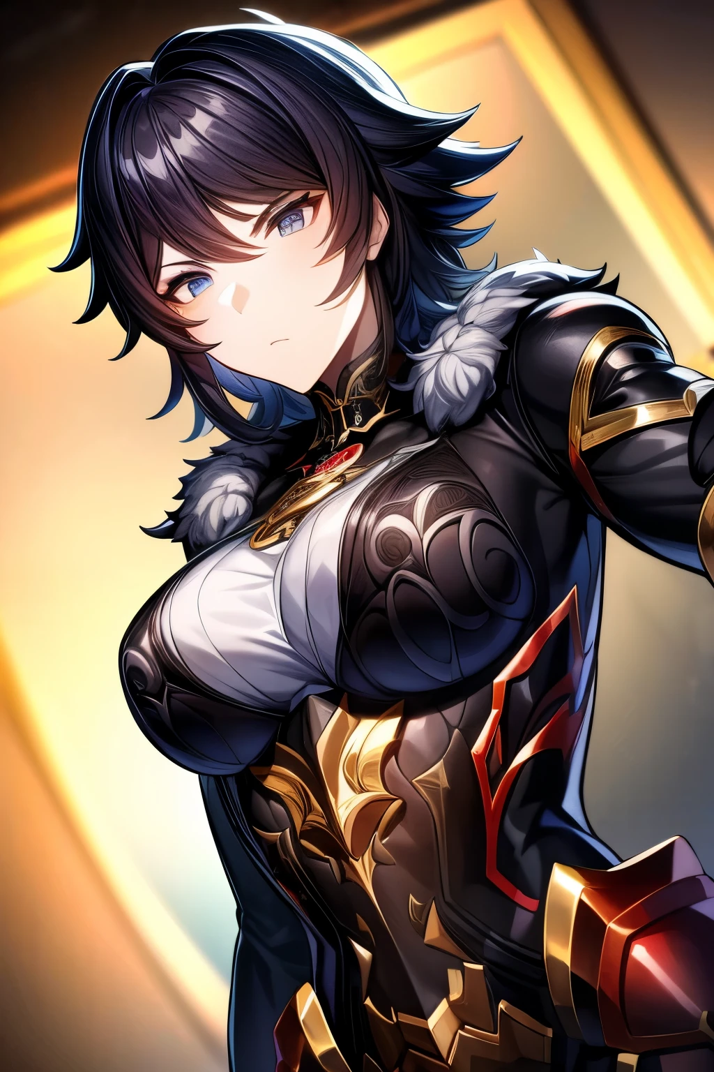 (work of art, best qualityer, face perfect, expressive eyes), Black Knight Armor, black leather cover, details Intricate, black breastplate, a male anime,single character, short black hair with white highlights, barba, visual novel sprite, detailed black armor, high qualiy, cinematic, dramatic pose, details Intricate, swirly vibrant colors, work of art, impacto genshin. 