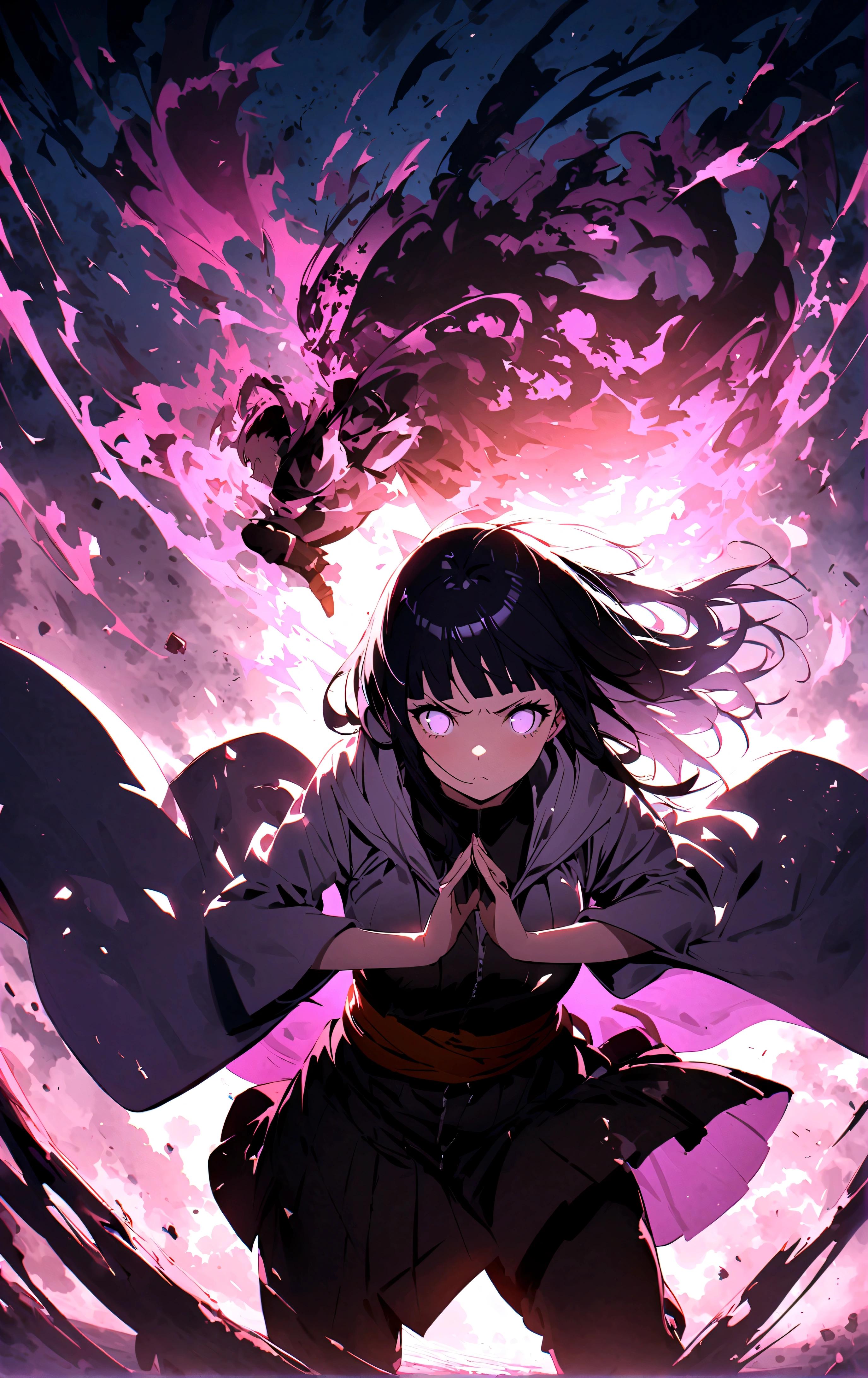 anime screenshot, 1 adult girl, dark sorceress witch, magic battle scene, powerful sorcery technique, anime tv, anime fantasy shonen, dark fantasy, magic ability, pink fire skeletons, cel shading: adult female witch in attack stance, crawling ready to attack, chained in holy shackles, very short charcoal black hair covering her face as if very dark and light, a look of murderous madness and an athletic body, dark torn clothes with a long dirty torn dress, skeleton flames pink summoning