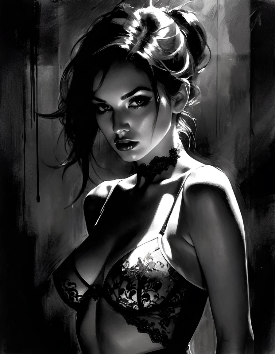 eroticism, sexy, black and white image,lingerie, between shadows, oil painting, chiaroscuro, sensual, dramatic lighting, moody atmosphere, photorealistic, intricate details, masterpiece, ultra-detailed, high quality, 8k, best quality, realistic, cinematic, dark and brooding, expressionistic, powerful composition, emotional impact, Bill Sienkiewicz inspired art