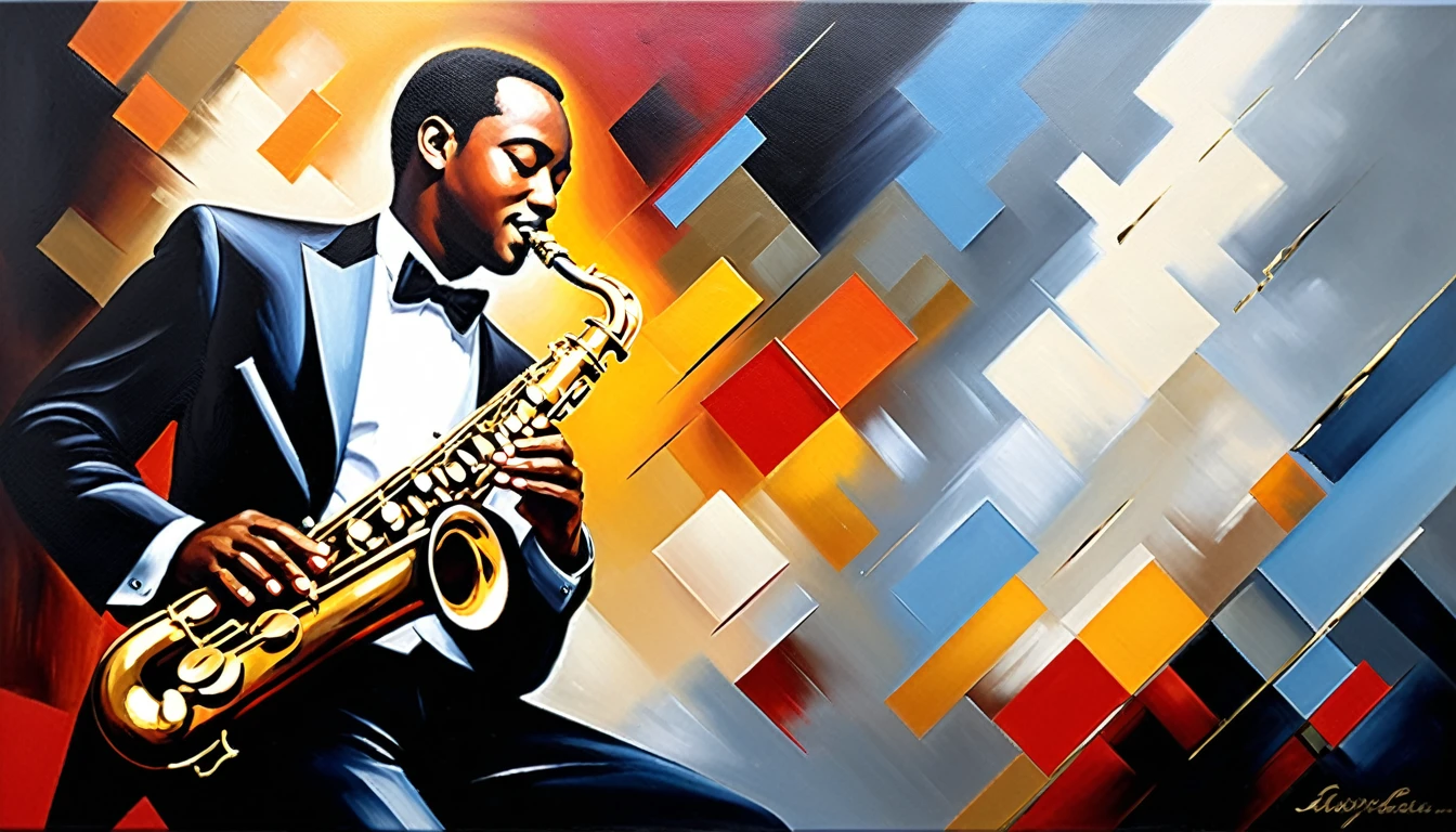 masterpiece, Highest quality, Oil painting, jazz, Tenor saxophone