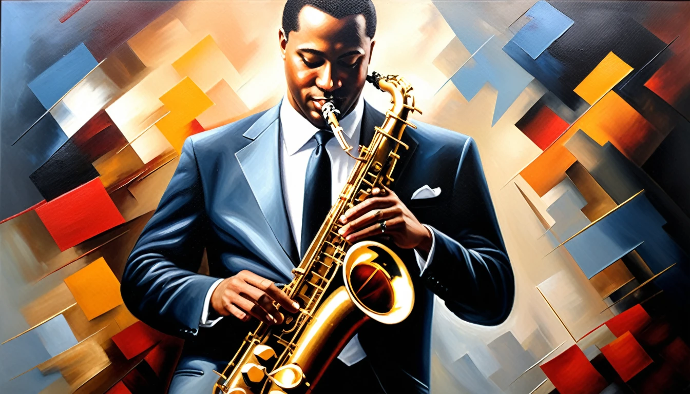masterpiece, Highest quality, Oil painting, jazz, Tenor saxophone