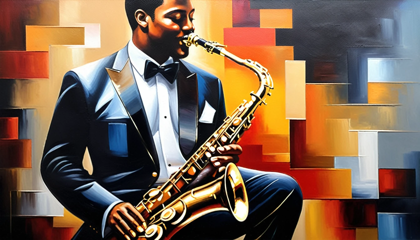 masterpiece, Highest quality, Oil painting, jazz, Tenor saxophone