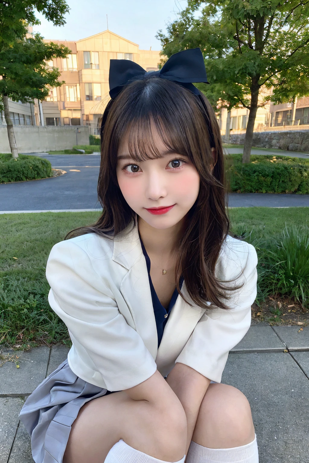 (masterpiece:1.2, Highest quality), (Realistic, photoRealistic:1.4), Beautiful illustrations, (Natural Side Lighting, Cinema Lighting), Browsing Caution, View your viewers, 1 Girl, Japanese, high school girl, Perfect Face, Cute and symmetrical face, Shiny skin, (Long Hair:1.4, Princess style, Hime cut, Navy Blue Hair), Blunt bangs, Purple eyes, Big eyes, Long eyelashes, (Medium chest, Captivating thighs), thin, Beautiful detailed hair, Beautifully detailed face, Beautiful attention to detail, Beautiful clavicle, Beautiful body, Beautiful breasts, Beautiful thighs, Beautiful feet, Beautiful fingers, (White collared shirt, White thigh-high socks, Navy Blazer, Grey pleated mini skirt, Dark red bow tie), (Beautiful views), evening, (grassland), Are standing, (Cute smile, Upward glance, Part your lips),
