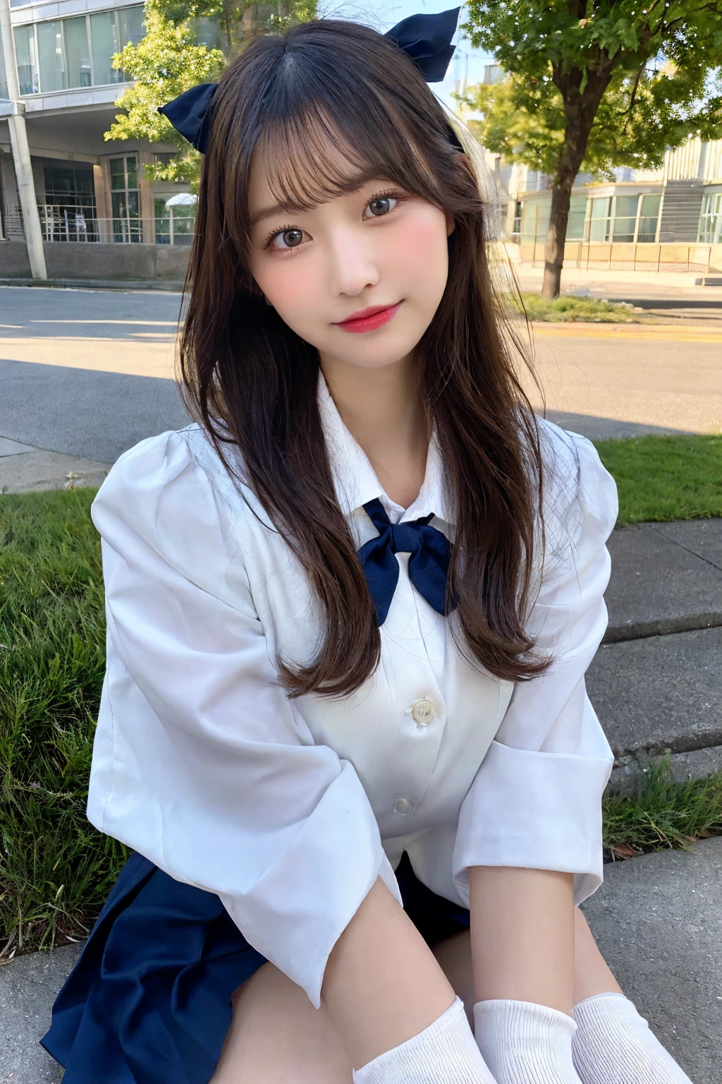 (masterpiece:1.2, Highest quality), (Realistic, photoRealistic:1.4), Beautiful illustrations, (Natural Side Lighting, Cinema Lighting), Browsing Caution, View your viewers, 1 Girl, Japanese, high school girl, Perfect Face, Cute and symmetrical face, Shiny skin, (Long Hair:1.4, Princess style, Hime cut, Navy Blue Hair), Blunt bangs, Purple eyes, Big eyes, Long eyelashes, (Medium chest, Captivating thighs), thin, Beautiful detailed hair, Beautifully detailed face, Beautiful attention to detail, Beautiful clavicle, Beautiful body, Beautiful breasts, Beautiful thighs, Beautiful feet, Beautiful fingers, (White collared shirt, White thigh-high socks, Navy Blazer, Grey pleated mini skirt, Dark red bow tie), (Beautiful views), evening, (grassland), Are standing, (Cute smile, Upward glance, Part your lips),