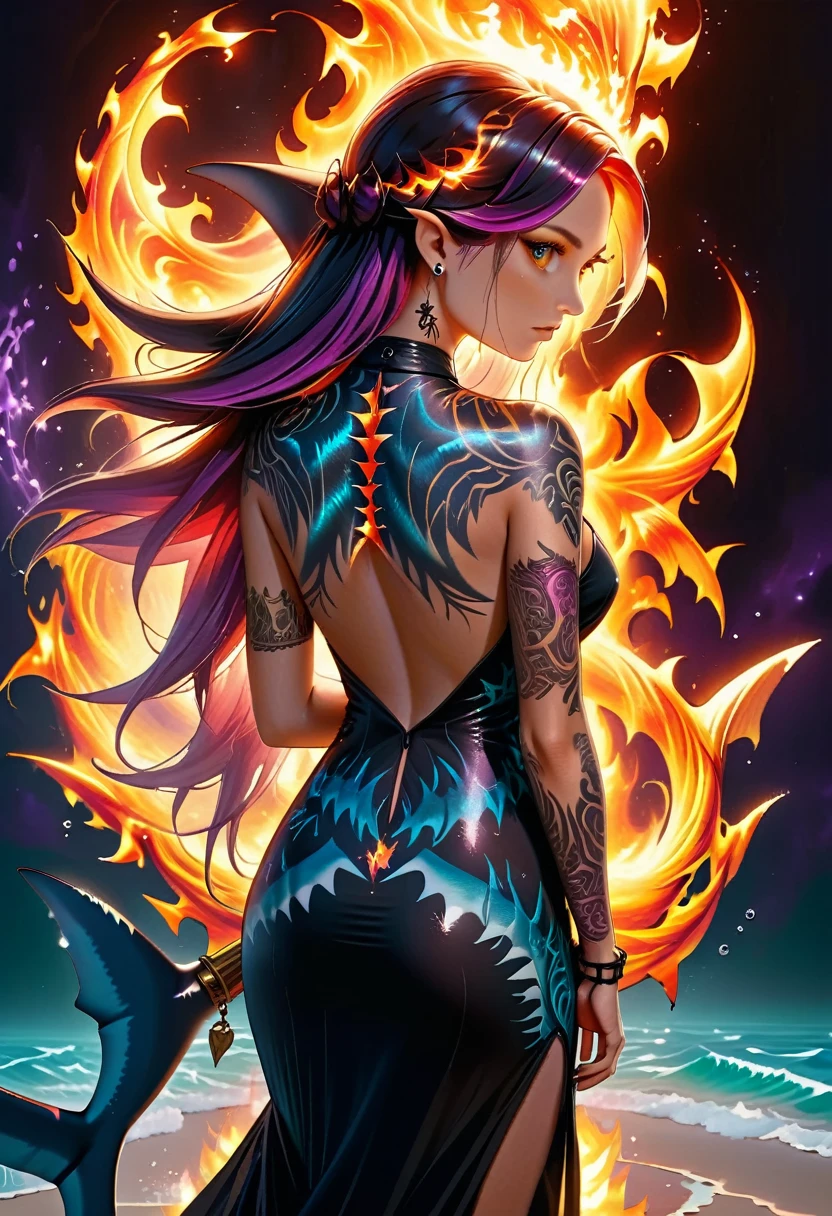 a picture of a ((tattoo of a shark: 1.5)) on the back of a female elf with, Dark fantasy art, fantasy art, goth art,, a glowing tattoo of a shark((intricate detail, best detailed: 1.5)) on the back of the elf, the ((shark tattoo)) is vivid, intricate detailed coming to life from the ink to real life, GlowingRunesAI_purple, ((fire surrounds the shark: 1.5)), shoot taken from the back, ((the back is visible: 1.3), she wears a transparent black dress, the dress is elegant, flowing, elven style, that the tattoos glow, dynamic hair color, dynamic hair style, faize,, Digital Painting, Intense gaze