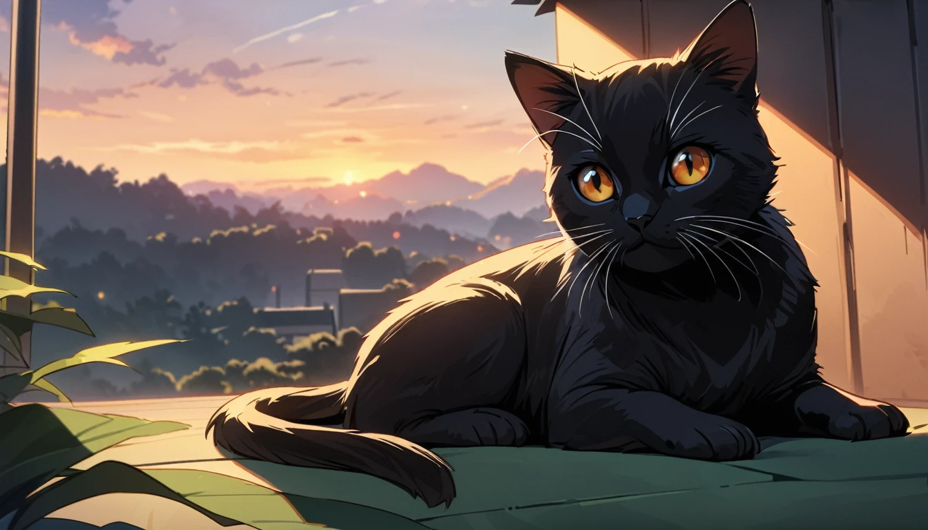 Solo, no humans, animals, Black cat animal-centered, masterpiece, highest quality, cute, detailed description, natural scenery, relaxing,I street corner,evening