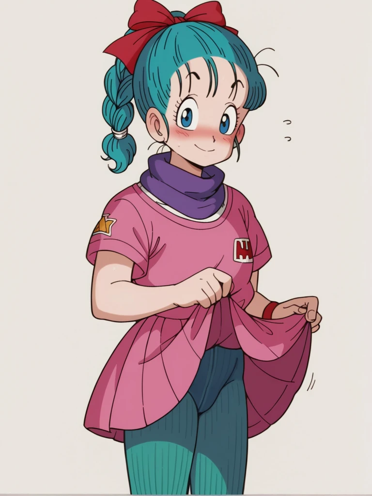 score_9, score_8_up, score_7_up, score_6_up, score_5_up, score_4_up, source_anime, BREAK
1girl, solo, simple background, blush, looking at viewer, embarrassed smile, bulmdbzs1, braided ponytail,sh1rtstyl3,purple scarf, pink skirt, red ribbon, skirt lift, pink ,