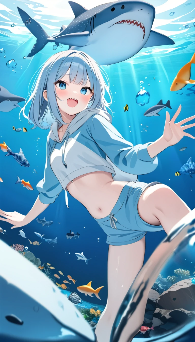 Highest quality、masterpiece:1.3、Perfect Anatomy、One Girl、Shark-chan、かわいいShark-chan、Shark-themed hoodie、Shark teeth on the hood、Wearing a hood、Light Blue Hoodie、Girl with open mouth、Sharp teeth、Shark themed hoodie、Light blue culottes、Random pose、break、aquarium、Large aquarium、美ら海aquarium、Highly detailed whale shark、A whale shark swimming gracefully in the tank、暗いaquarium、Low light、