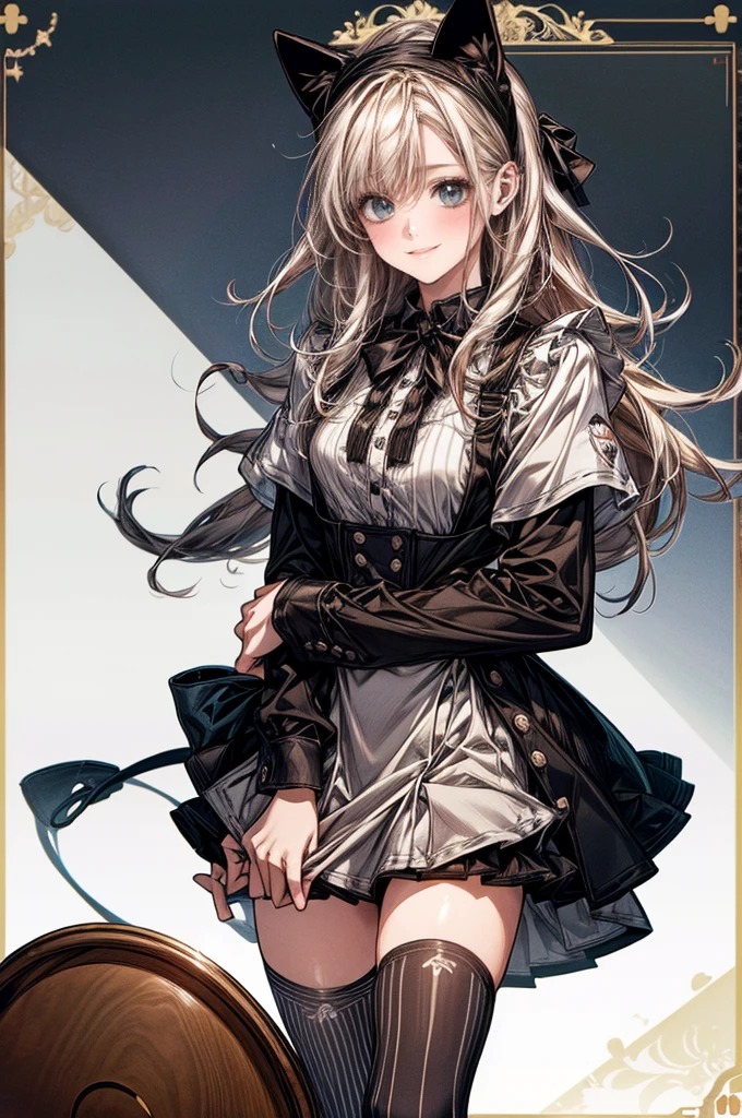 One Girl、(20-year-old woman)、Cat ears headband、Cat tail、Maid、Holding a tray with two parfaits on it in one hand、With the other hand, lift your skirt to show your underwear、Short skirt、White knee-high socks、Striped pants、Highest quality、8K、Beautiful Face、Mischievous smile、Wink、View Viewer、Bright cafe