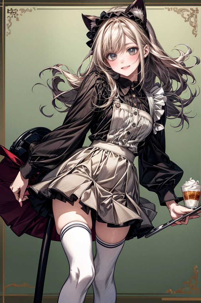 One Girl、(20-year-old woman)、Cat ears headband、Cat tail、Maid、Holding a tray with two parfaits on it in one hand、With the other hand, lift your skirt to show your underwear、Short skirt、White knee-high socks、Striped pants、Highest quality、8K、Beautiful Face、Mischievous smile、Wink、View Viewer、Bright cafe