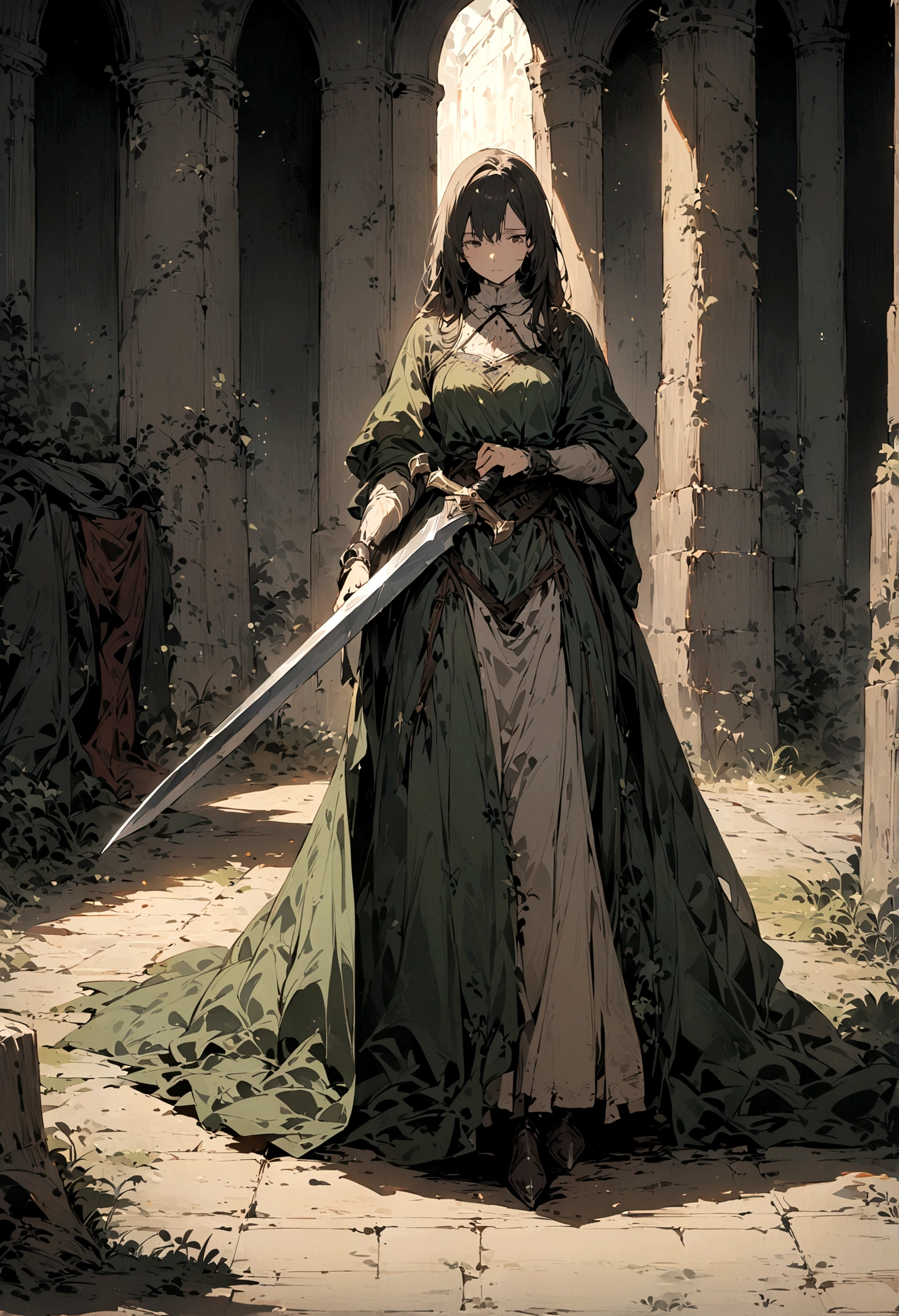 (HD), (masterpiece), (best quality), (Super detailed), (Best illustration), woman, whole body, middle Ages, Alone,He was holding a notched sword propped up on the ground。