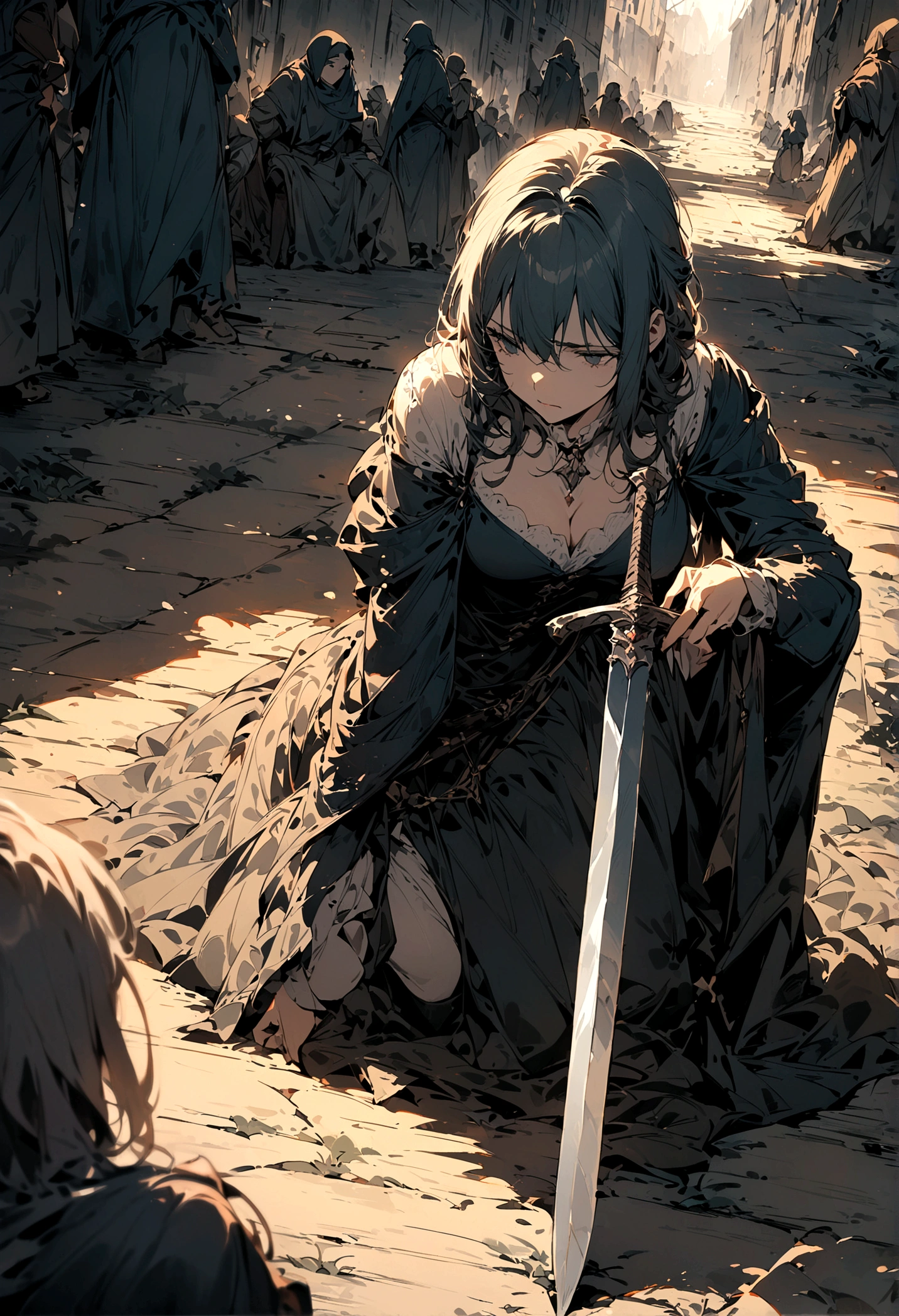 Anime girl kneeling on the ground, its rainy weather, Jan J, ross tran style, Gap Moe Yandere Grimdark, by Shimo, ross tran!!!, Castlevania Witch, ! Dream Art Germ, artstation pixivでトレンド, By Yoshihiko Wada