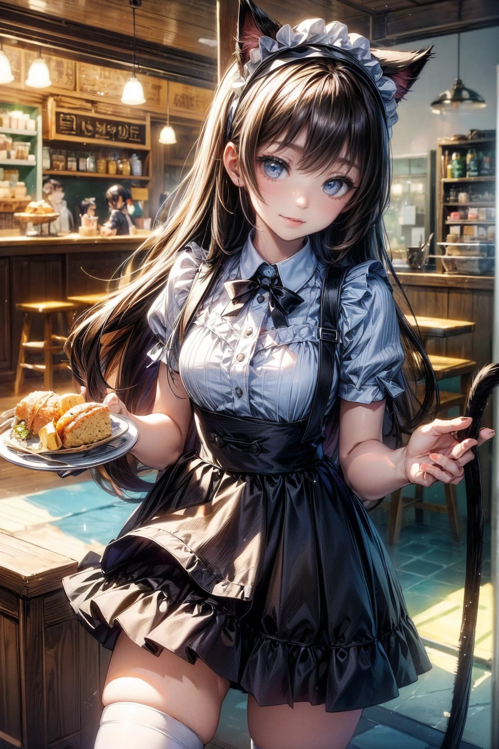 One Girl、(20-year-old woman)、Cat ears headband、Cat tail、Black maid outfit、Holding a tray with two parfaits on it in one hand、With the other hand, lift your skirt to show your underwear、Short skirt、I can see your pants、White knee-high socks、Striped pants、Highest quality、8K、Beautiful Face、Mischievous smile、Wink to the viewer、View Viewer、A bright cafe with a black cat