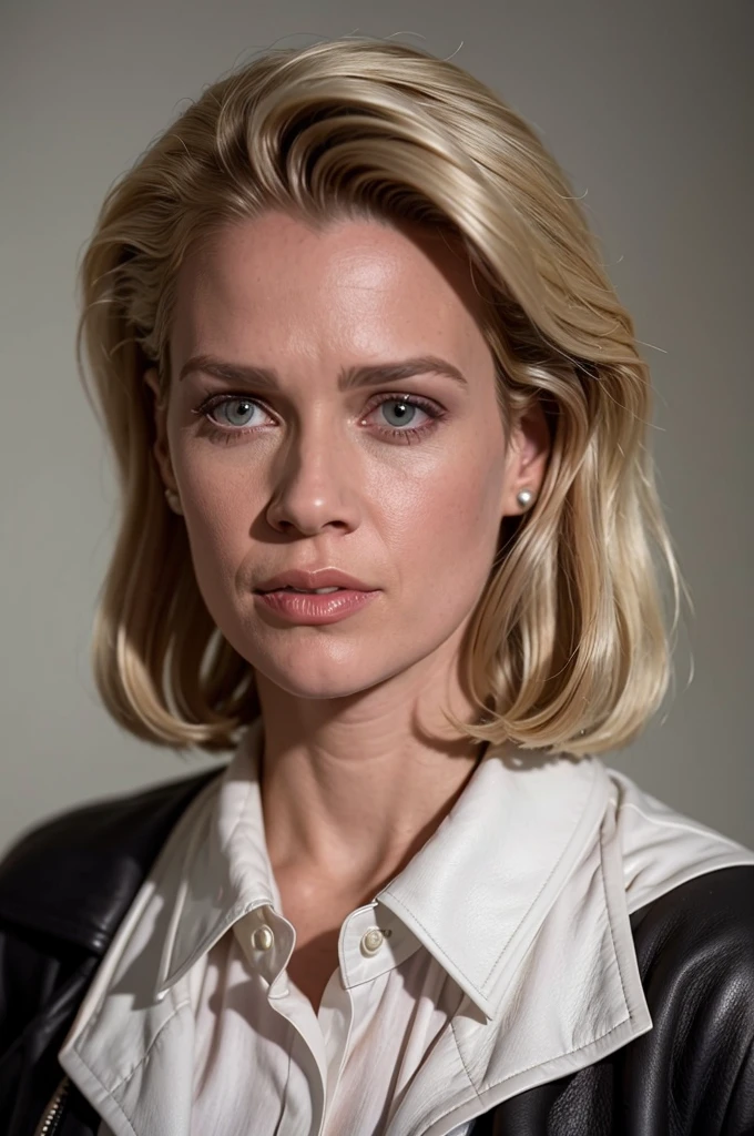 photo of a beautiful woman, (black leather coat white silk shirt:1.2), short hair, blonde hair, detailed face, detailed eyes, upper body focus, mouth closed, smile, looking at viewer, (simple background:1.2),