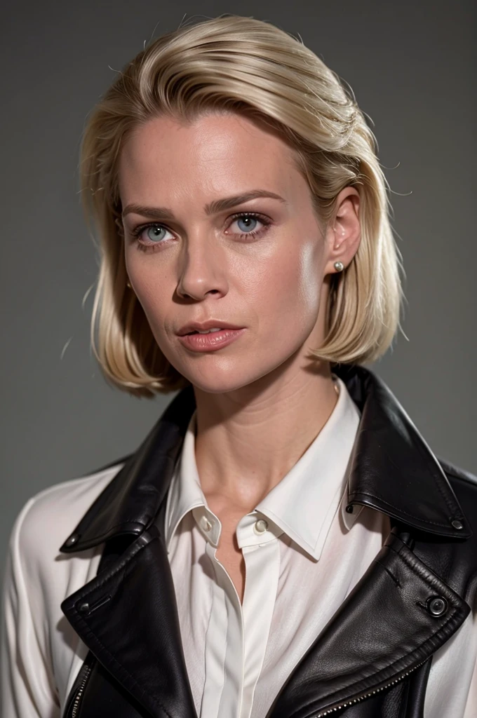 photo of a beautiful woman, (black leather coat white silk shirt:1.2), short hair, blonde hair, detailed face, detailed eyes, upper body focus, mouth closed, smile, looking at viewer, (simple background:1.2),  