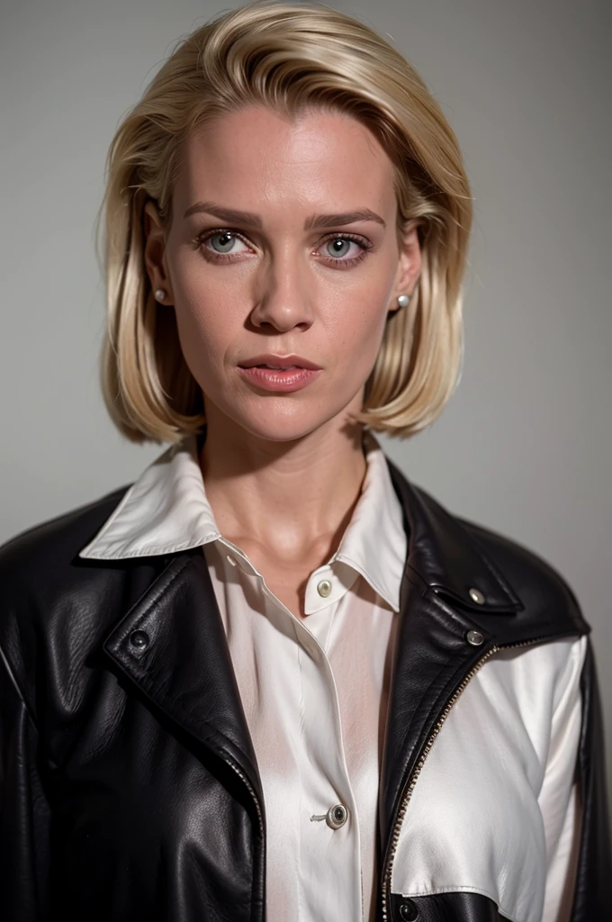 photo of a beautiful woman, (black leather coat white silk shirt:1.2), short hair, blonde hair, detailed face, detailed eyes, upper body focus, mouth closed, smile, looking at viewer, (simple background:1.2),