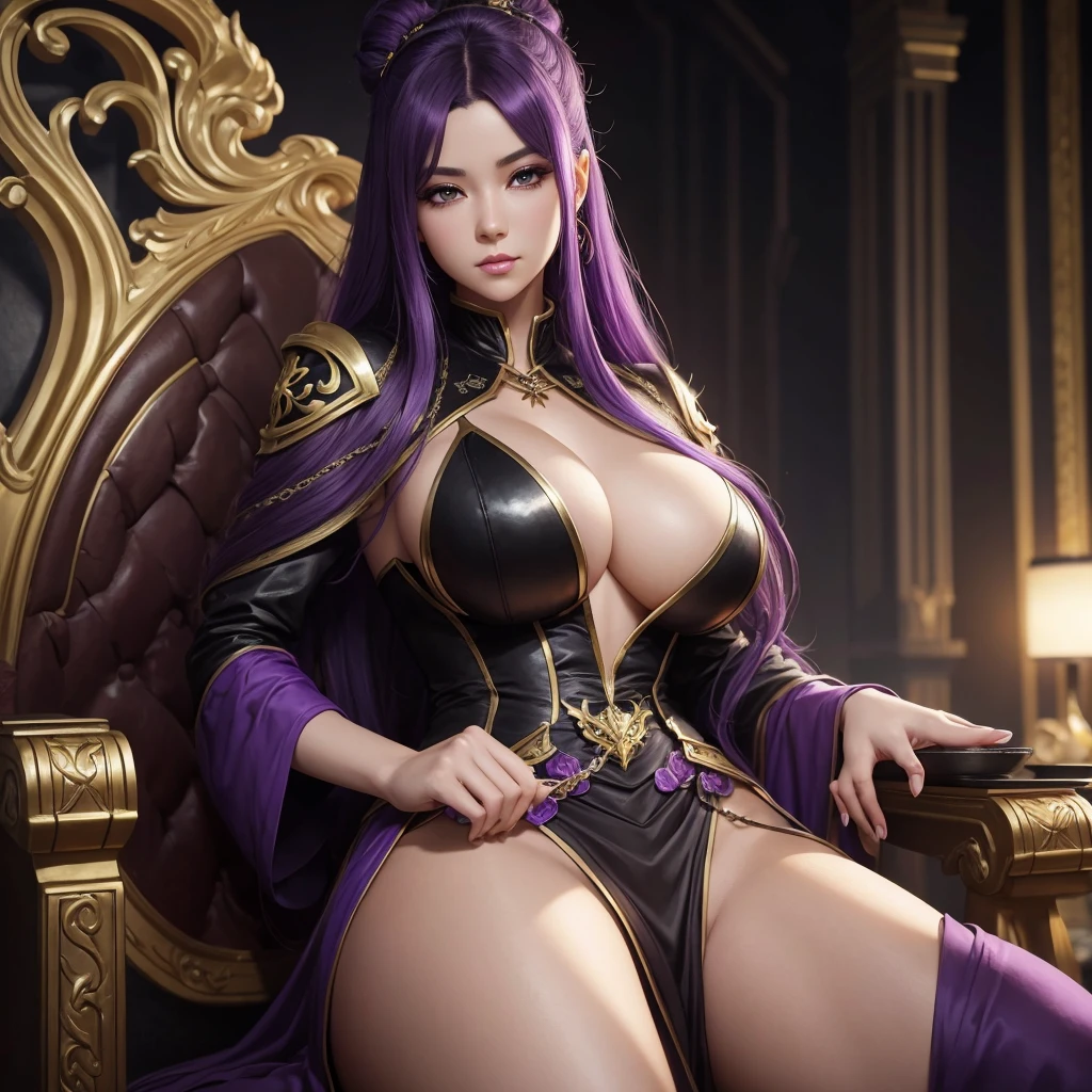 arafed woman with purple hair and a black dress sitting on a gold chair, the most gigantic breast, by Yang J, fantasy art style, ross tran 8 k, artgerm. anime illustration, 8k high quality detailed art, fanart best artstation, anime fantasy artwork, karol bak uhd, 8k stunning artwork, art of wlop, realistic fantasy artwork
