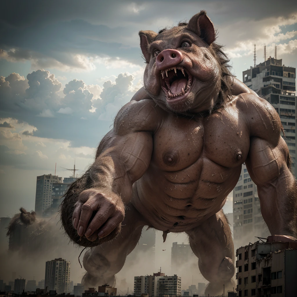 A monstrous, gigantic humanoid pig creature roars menacingly as it towers over a devastated cityscape with crumbled buildings and dust. The creature has large, sharp teeth, pinkish skin, and exaggerated muscular features, giving it a terrifying appearance against a backdrop of a city skyline under a cloudy sky.