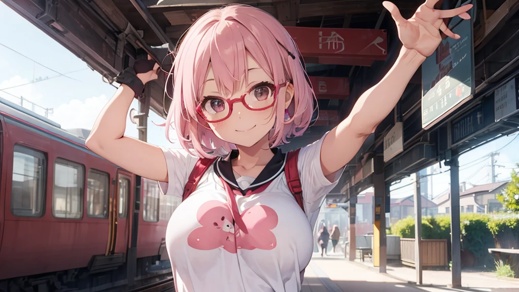 One person,whole body,Right leaning,Light pink hair,Bob Hair,Red Glasses,Shorts,登Mountainウェア,dam,Mountain,smile,Big Breasts,cute,wave hands