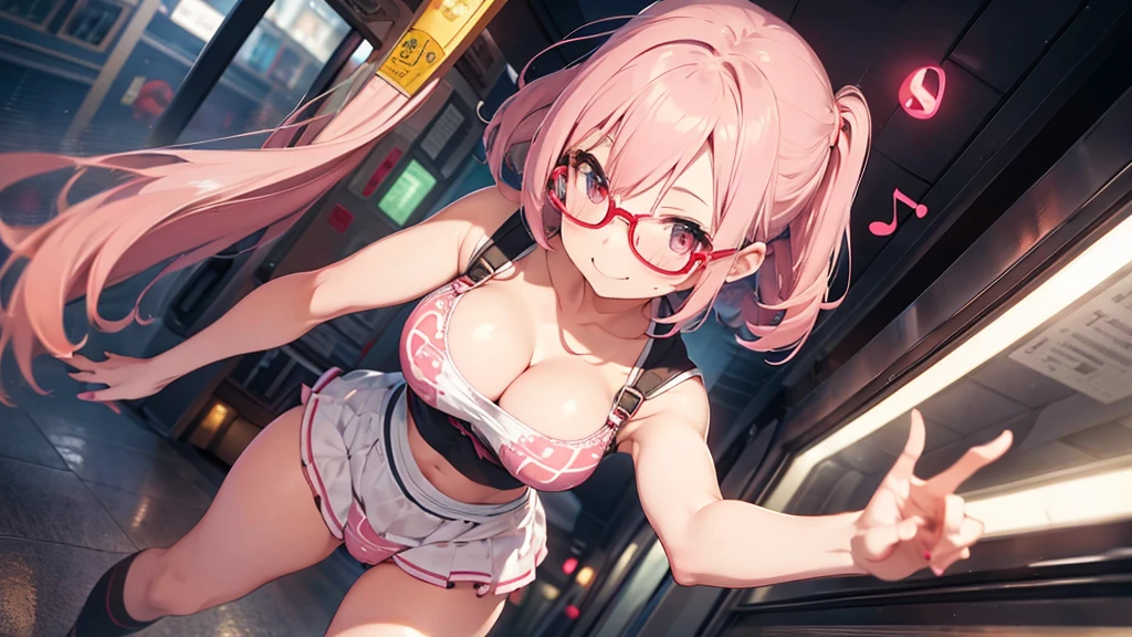 solo,whole body,Right leaning,Light pink hair,Bob Hair,Red Glasses,musical note pattern,station,train,smile,Big Breasts,cute,wave hands