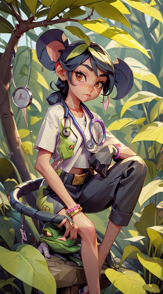 Create the image of a small and thin young chimpanzee, she is holding ball python in one hand that has a stethoscope around it's neck, in the other hand she is holding a pair of scissors flat that a tree frog is sitting on