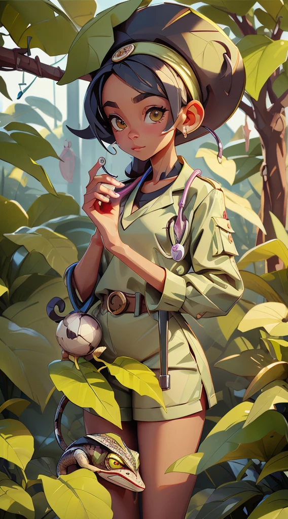 Create the image of a small and thin young chimpanzee, she is holding ball python in one hand that has a stethoscope around it's neck, in the other hand she is holding a pair of scissors flat that a tree frog is sitting on