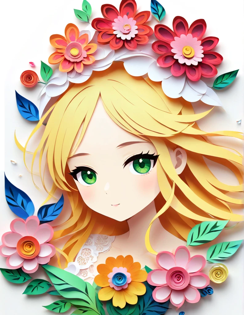 Paper cutting art,(Flat paper cutout,Paper Art,layered Paper Art,Paper Quilting, Digital Art),against a pure white background,,(High detail, masterpiece, Highest quality, Ultra-high resolution),girl、Upper Body、From the waist up、Eyes are patchy、Sparkling eyes、She is wearing a dress with frills and lace.、flower、Facing forward、Green as the main color、
