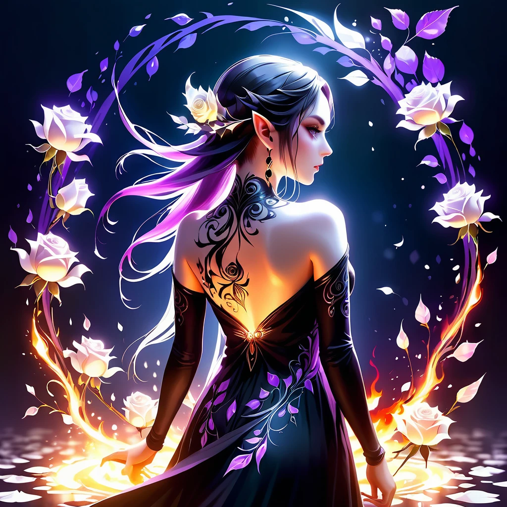 Arafed, Dark fantasy art, fantasy art, goth art, a picture of a tattoo on the back of a female elf, a glowing tattoo of a ((white rose: 1.3)) on the elf's back, the ((rose tattoo)) is vivid, intricate detailed coming to life from the ink to real life, GlowingRunesAI_purple, ((fire surrounds the rose petals: 1.5)), shot taken from the back, ((the back is visible: 1.3), she wears a transparent  black dress, bare back, the dress is elegant, flowing, elven style, that the (tattoos glow: 1.1), dynamic hair color, dynamic hair style, faize, trimmed dress, frills, velvet corset, strapless,