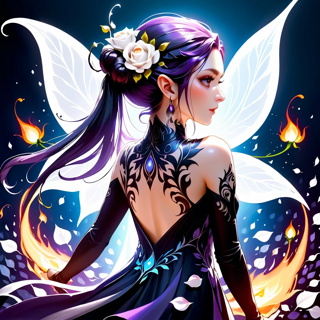 Arafed, Dark Fantasy art, Fantasy art, gothrori&taGoth Art, a picture of a tattoo on of back of a female elf, Luminous tattoo ((White Rose: 1.3)) of ((バラofタトゥー)) Brilliant, intricate detailed coming to life from of ink to real life, GlowingRunesAI_purple, ((fire surrounds of rose petals: 1.5)), shoot taken from of back, ((of back is visible: 1.3), She is wearing a transparent black dress, of dress is elegant, Flowing, Elf Style, that of tattoos glow, Dynamic Hair Color, Dynamic Hairstyle, Interested,