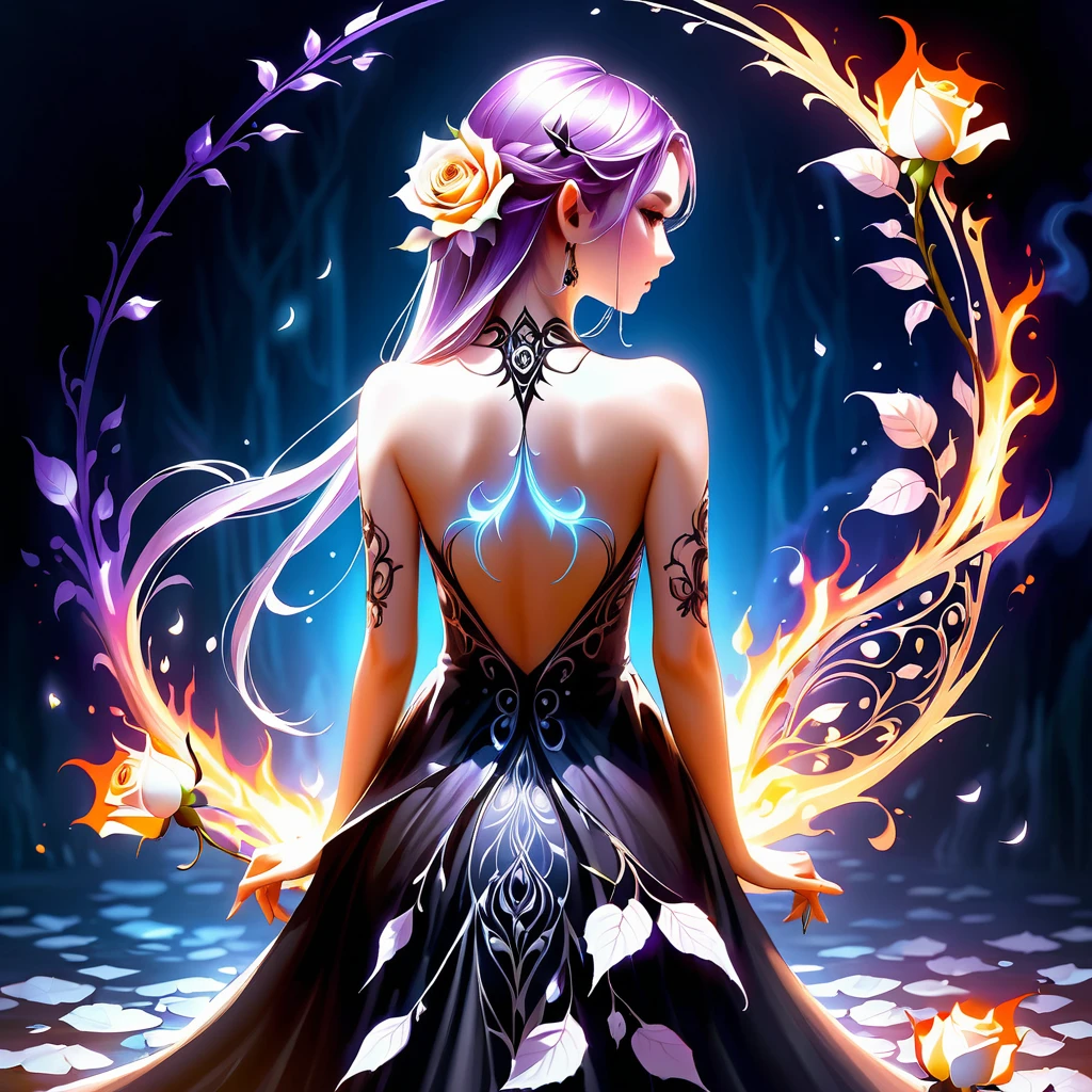 Arafed, Dark Fantasy art, Fantasy art, gothrori&LolitaGoth Art, a picture of a tattoo on of back of a female elf, Luminous tattoo ((White Rose: 1.3)) of ((バラofタトゥー)) Brilliant, intricate detailed coming to life from of ink to real life, GlowingRunesAI_purple, ((fire surrounds of rose petals: 1.5)), shoot taken from of back, ((of back is visible: 1.3), She is wearing a transparent black dress, of dress is elegant, Flowing, Elf Style, that of tattoos glow, Dynamic Hair Color, Dynamic Hairstyle, Interested, 