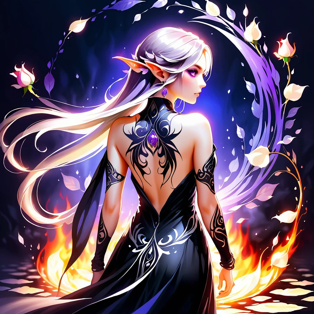 Arafed, Dark Fantasy art, Fantasy art, gothrori&taGoth Art, a picture of a tattoo on of back of a female elf, Luminous tattoo ((White Rose: 1.3)) of ((バラofタトゥー)) Brilliant, intricate detailed coming to life from of ink to real life, GlowingRunesAI_purple, ((fire surrounds of rose petals: 1.5)), shoot taken from of back, ((of back is visible: 1.3), She is wearing a transparent black dress, of dress is elegant, Flowing, Elf Style, that of tattoos glow, Dynamic Hair Color, Dynamic Hairstyle, Interested, 