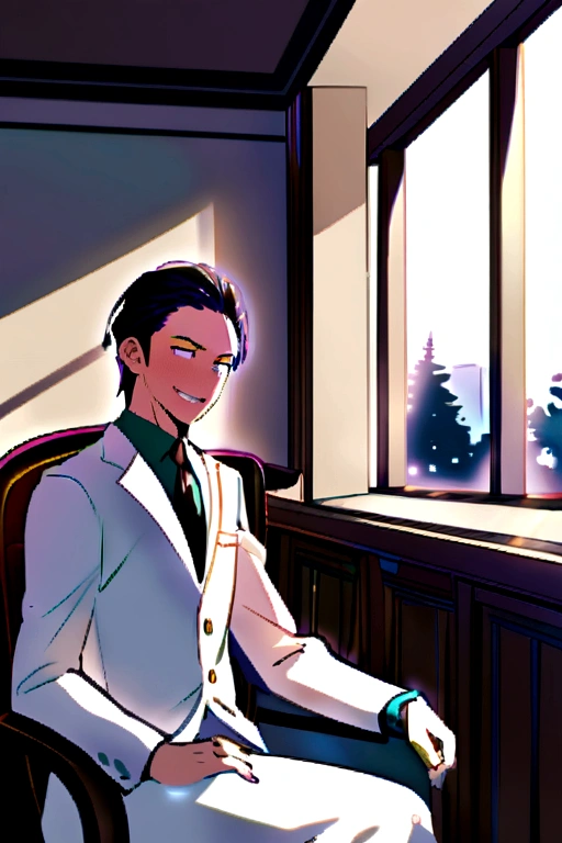 A sexy man with a smug smile while wearing elegant clothes drinking a glass of wine sitting in his office overlooking the campus of an academy in the background students passing by