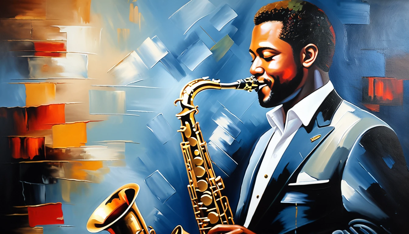 masterpiece, Highest quality, Oil painting, jazz, Tenor saxophone