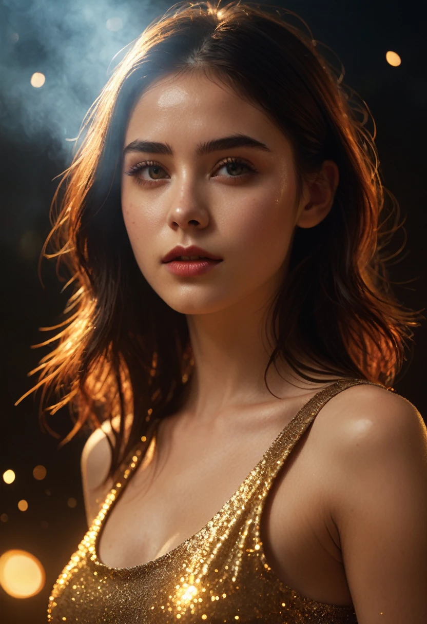 A movie film still of full body portrait of a beautiful 18 year old woman with a mesmerizing and intense gaze, her face illuminated by warm, glowing light. She raising her arms and wearing a sleeveless shirt with navel cutout. She showing her delicious and sexy tendons on neck, She has glittering gold dust on her face, gold reflection in her eyes, and her lips are a deep, glossy red with shiny sparkles. The background is dark, with sparks and embers floating around her, creating a mystical and fiery atmosphere. Her expression is one of awe and wonder, with eyes reflecting the glowing light. Her hair is slightly messy, adding to the dramatic and ethereal feel of the scene. soaked film, 4k , 8k ,UHD, slightly sweaty skin, photoralistic