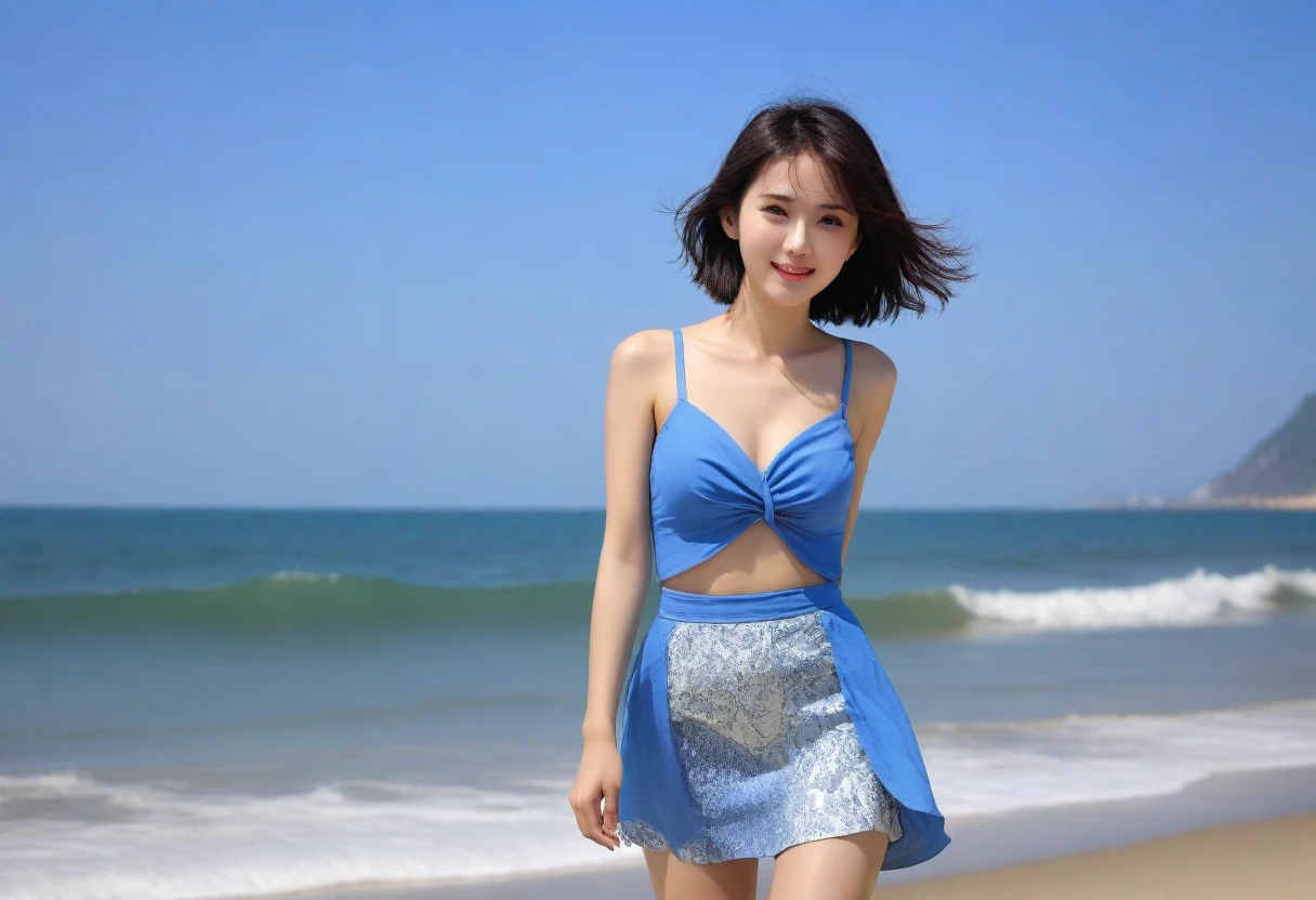 beautiful korean girl, Chest size 34 inches, Wear sleeveless, light skirt, Looking at the sea from the beach at sunset. beautiful pretty woman look , wearing a light skirt , Go far into the sea water and dip your toes., wet, dark blue sky, bright sun light at midday, Short medium hair blowing in the wind, 1 woman, beautiful eyes, a little smile, Beach with waves in Da Nang, Vietnam, I see palm trees, Photo taken from a distance with a wide-angle lens, best high definition, perfect sea view,