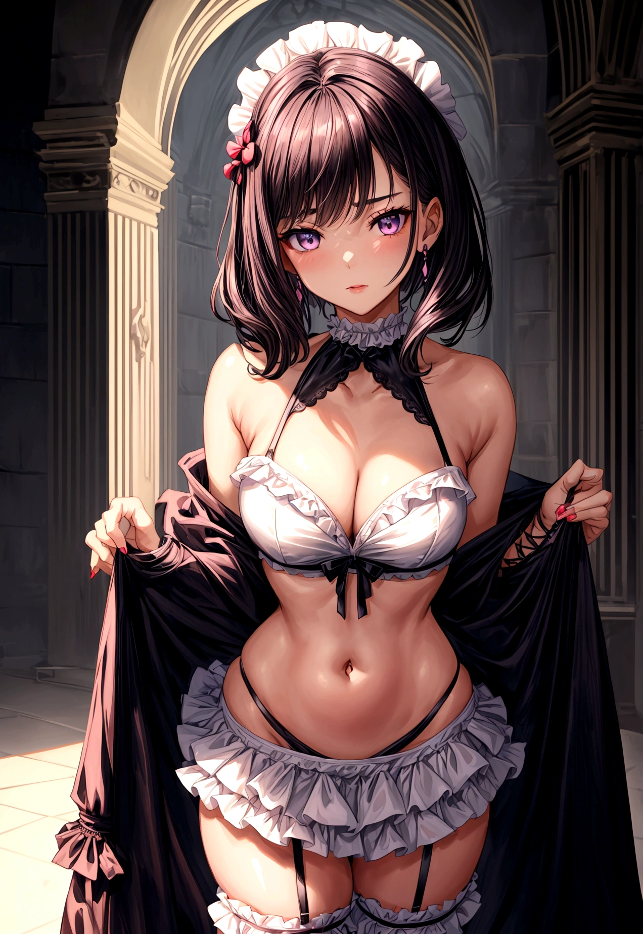 (formal halter neck bikini crop top, frilly miniskirt, thigh high pantihose ),gorgeous, masterpiece, best quality, high-resolution, finely detailed, extremely detailed and beautiful, distinct-image, 1 girl, , solo, sharp facial features, oval shaped face. cherry pink lips, lightly tanned white skin. velvet-colored eyes, C-cup breasts, tall height(175cm), slim yet chiseled body type, short shoulder length dark violet-black hair, small narrow waist, long and slender legs, curvy wide hips, elegant Gothic training courtyard setting