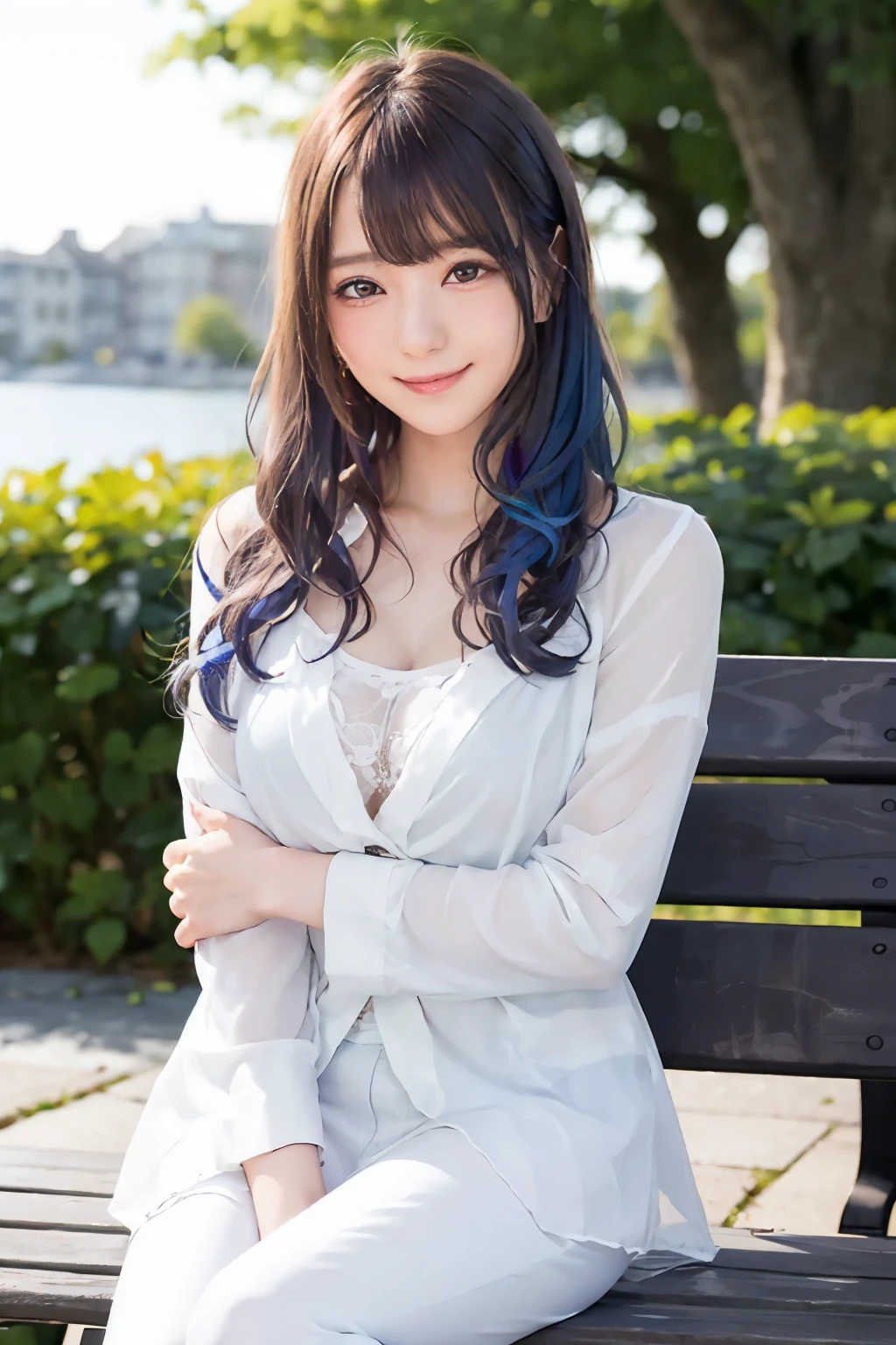photograph, photo quality, realistic, European girl portrait, high quality, masterpiece:1.5, alone, smile, sitting on a bench, 20-year-old,Beautiful Face,Upper Body,Hair on one eye, super short hair, pale blue hair, Sharp focus, sheer shirt, soft smile, blush