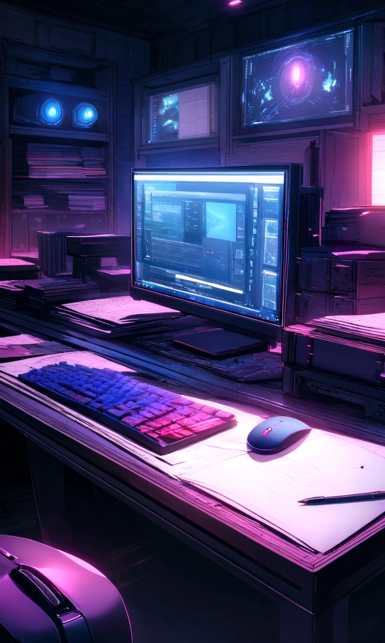On top of a solid, well-polished wooden table, a vibrant scene unfolds. A modern computer, with elegant lines and a high-definition screen that reflects light softly, dominates the central space. O teclado ergonomicamente projetado is strategically positioned em frente à tela, with an optical mouse next to it, ready to be used. The computer is on, your monitor emitting a soft glow that gently illuminates the environment.
Around the computer, Organized stacks of colorful papers capture the eye, some adorned with vibrant graphics and others with detailed tables. Pens of different colors are arranged on a stand next to the papers, ready to be used for notes or revisions. a notepad, with its pages partially filled with hand-scribbled notes, is strategically positioned, indicating work in progress.
The ambient lighting is colorful and bright, highlighting the contrast between the shine of the computer's metal and the rich tones of the table's wood. This scenario not only evokes efficiency and organization, but also a sense of creativity and dynamism, where intellectual work meets artistic expression.
