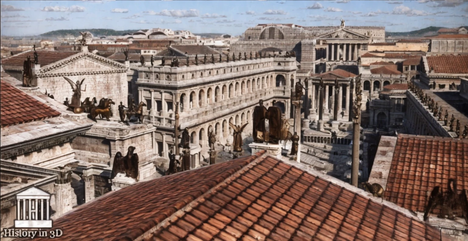 arafed view of a city with a lot of buildings and a clock tower, roman city, rome, ancient rome, rome in background, eternal city, roma, roman monuments, ancient roman setting, rome backdrop, roman historic works, market in ancient rome, old roman style, colosseo, city ruins in the background, ancient roman style, view from slightly above