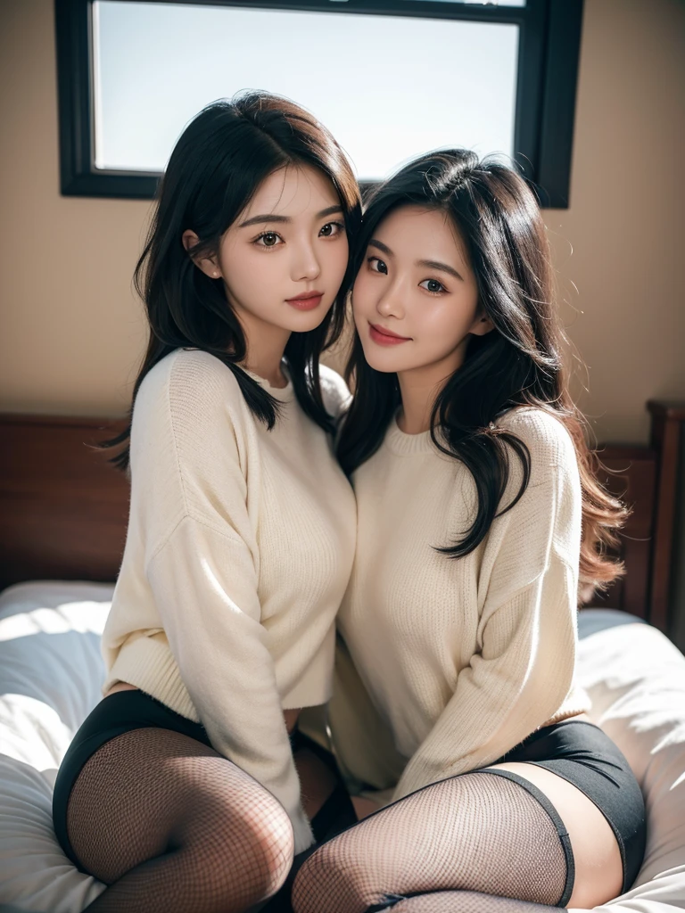 two korean girls kissing while cuddling in bed, they wearsh wool sweaters goth underwear and fishnet stockings , wavy black hair blowing in the wind. She's a men's magazine model, with a subtle smile, flirting with the camera, (in the evening light: 1.2), in the photo studio, perfect eyes, perfect hands, perfect body, perfect hair, perfect breast, Hair behind the ear, uhd, retina, ​masterpiece, precise, anatomically correct, textured skin, super detailed, high details, good quality, award-winning, best quality, High Resolution, 16K, 8K. fullbody Warte auf Start