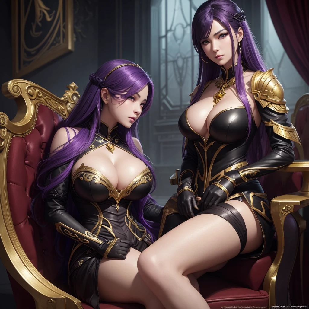 arafed woman with purple hair and a black dress sitting on a gold chair, the most gigantic breast, by Yang J, fantasy art style, ross tran 8 k, artgerm. anime illustration, 8k high quality detailed art, fanart best artstation, anime fantasy artwork, karol bak uhd, 8k stunning artwork, art of wlop, realistic fantasy artwork