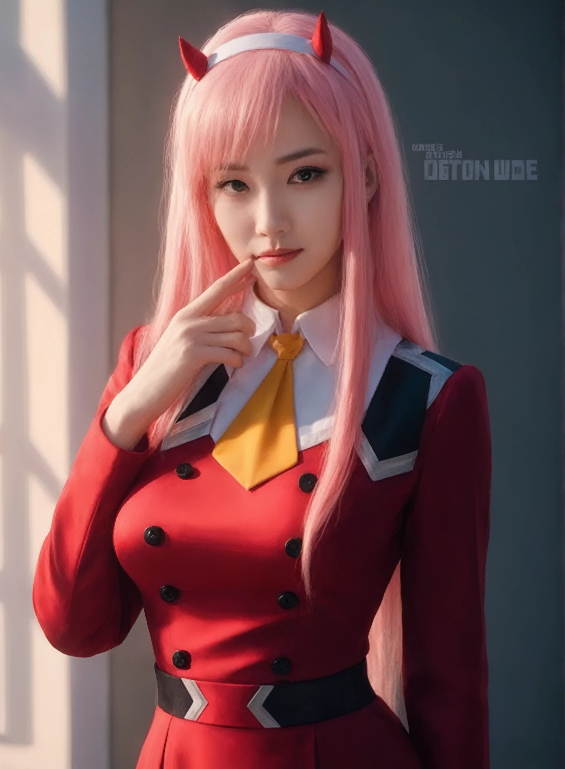 a close up of a woman in a red dress with pink hair, zero two, realistic