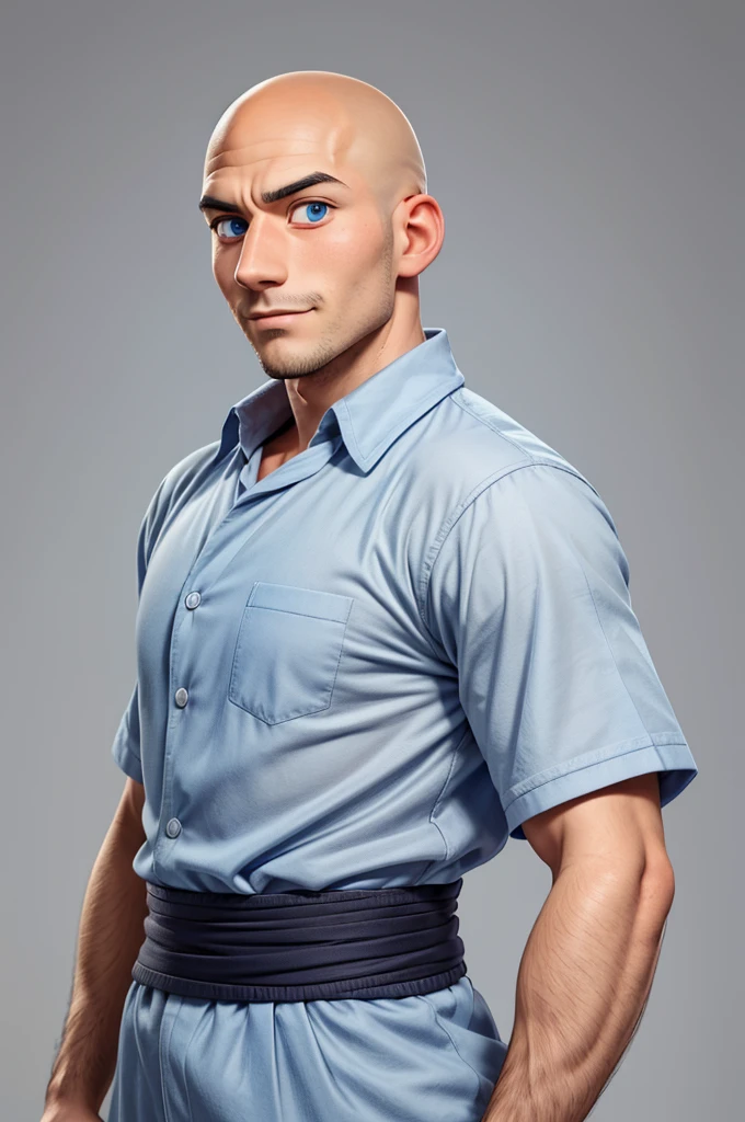 Generate an anime style image of a man's face (only face). The man is believed to be approximately 30 years old, of mixed ethnicity, with fair skin and blue eyes. The man must be bald. The background should preferably be white or light gray. Front view.