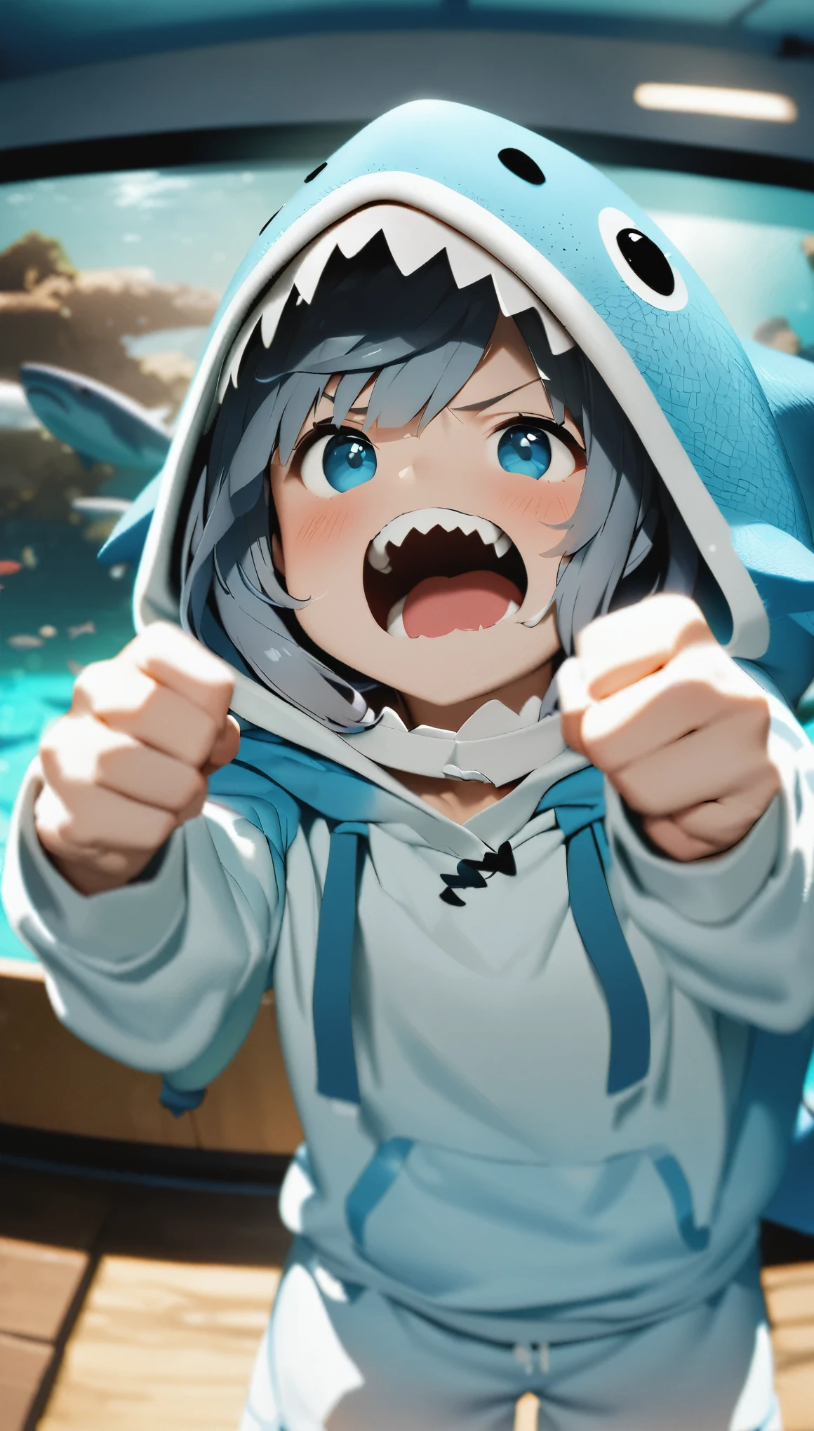 Highest quality、masterpiece:1.3、Perfect Anatomy、One Girl、Shark-chan、かわいいShark-chan、Shark-themed hoodie、Shark teeth on the hood、Wearing a hood、Light Blue Hoodie、Girl with open mouth、Sharp teeth、Shark themed hoodie、Light blue culottes、Random pose、break、aquarium、Large aquarium、美ら海aquarium、Highly detailed whale shark、A whale shark swimming gracefully in the tank、暗いaquarium、Low light、