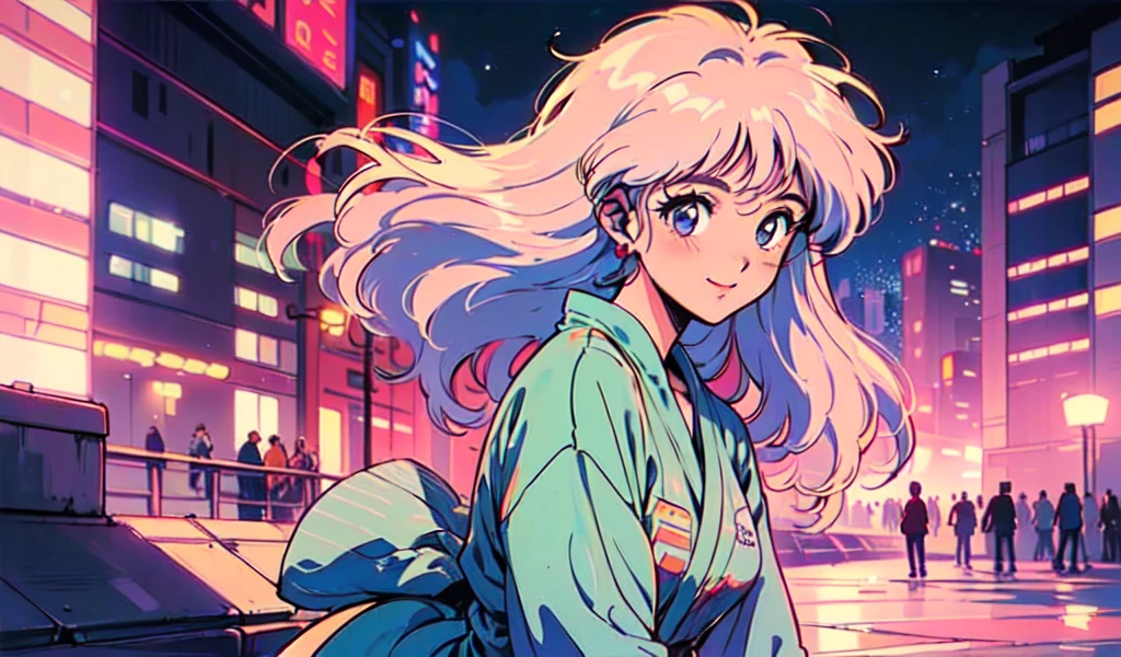 (80s, retro, city pop: 1.5), (album jacket), (famous song, highest quality), (anime, illustration), (pastel color: 1.4),
Best photo pose, dynamic angle, pink hair color, bob hair,straight hair
 cool impression, shiny hair, YUKATA,firework, miniskirt, girl, solo, smile, perfect eyes, delicate face, 