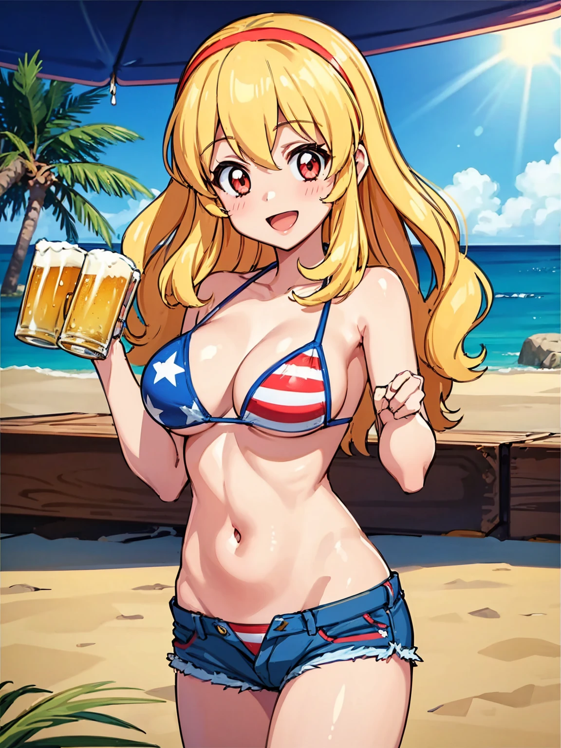 an illustration of a hot girl holding two beers on a beach at night, 1girl, breasts, solo, american flag bikini, flag print, swimsuit, nipples, bikini, shorts, blonde hair, kay (girls und panzer), large breasts, smile, open mouth, long hair, beer, navel, mug, beer mug, short shorts, cup, bikini lift, looking at viewer, bikini top only, blush, alcohol