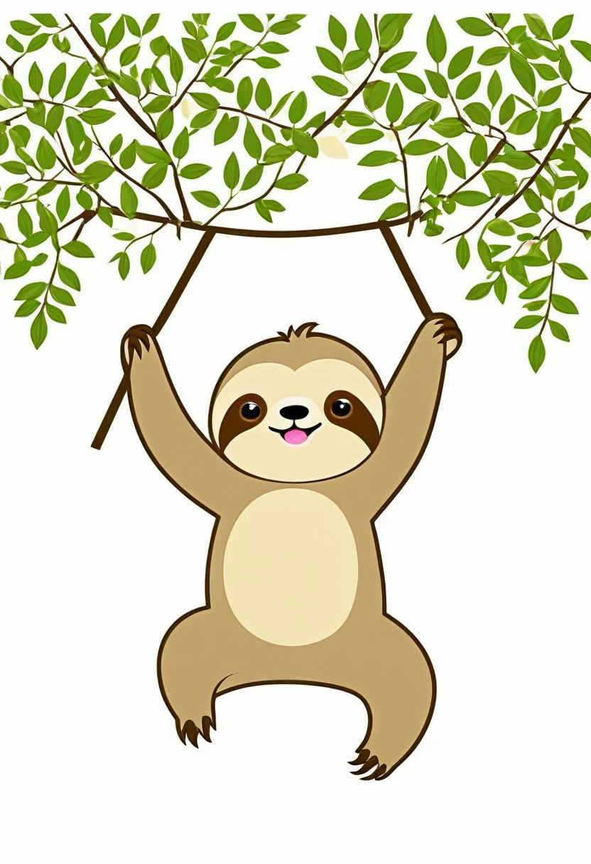 FUNNY KAWAII CUTE SLOTH HANGING OF A TREE CONTOUR VECTOR IMAGE,